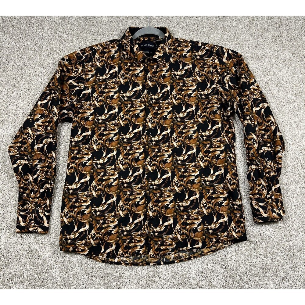 Silver Stone Modern Fit Men’s XXL Black Gold Baroque Button Up Dress Shirt